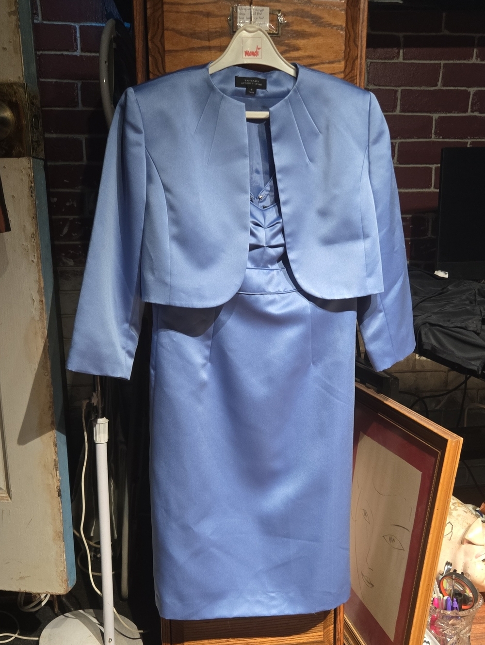 Tahari ASL Powder Blue Satin Dress with Cropped Jacket
